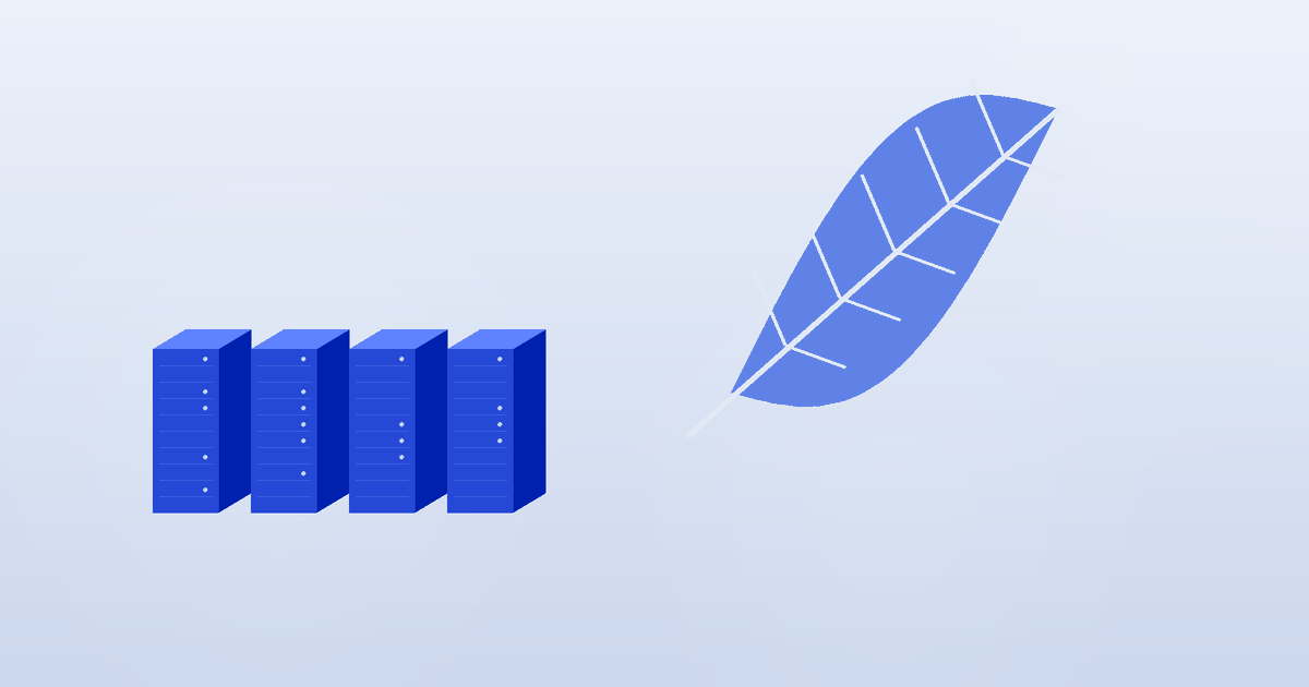 Illustration of a row of blue server racks next to a large stylised leaf, representing sustainable data centres